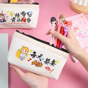 Cute white canvas pencil case with colorful cartoon design and zipper for school students