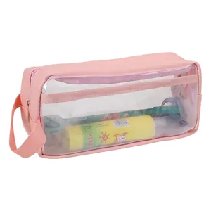 Estuche para lápices rosa transparente de gran capacidad con cómoda asa de transporte