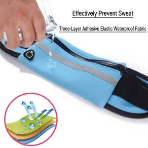 Close-up detail of blue waterproof sports waist bag showing water-resistant fabric layers