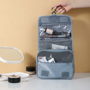 Beauty case da viaggio grigio professionale con gancio e scomparti in rete