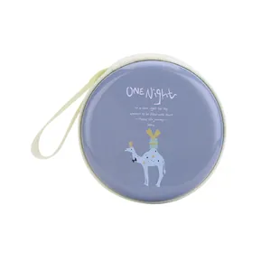 Portable blue tinplate round coin purse featuring a cartoon camel design with zipper