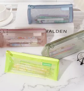 Variety of minimalist mesh pencil cases in pastel colors for school organization.