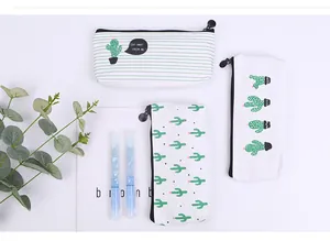 Minimalist cactus pattern canvas pencil cases with green leaves and stationery props