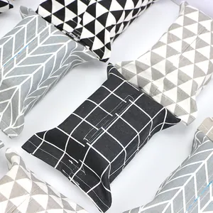 Japanese Cotton Linen Tissue Box Cover For Car Home Living Room Bathroom Minimalist Geometric Grid Triangle Pattern Tissue Bag