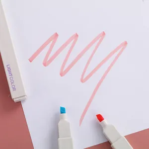 Morandi pastel color highlighter pens showing soft tips and pink ink stroke on paper