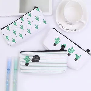 Creative Cactus Canvas Pencil Case Large Capacity White Green Printed Student Stationery Pouch Cute School Storage Bag