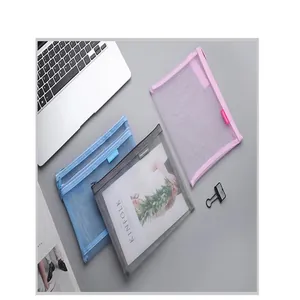Detailed view of A5 transparent mesh file bags in pink, blue, and gray colors.
