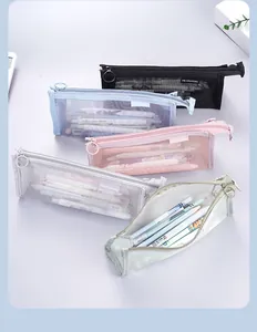 Large capacity transparent mesh pencil cases in five pastel colors with zippers