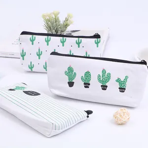 Group of creative cactus print canvas pencil cases for students with large capacity