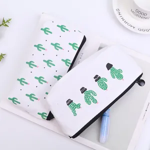Cute cactus pattern canvas pencil case with large capacity for student stationery