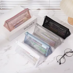 Minimalist Transparent Nylon Mesh Pencil Case Large Capacity 3D Triangular Student Stationery Bag Portable Zipper Pen Pouch