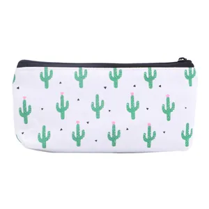 White canvas pencil case featuring a cute green cactus pattern with black zipper