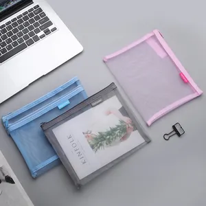 Minimalist A5 transparent mesh zipper pouches in pink blue and gray for stationery storage