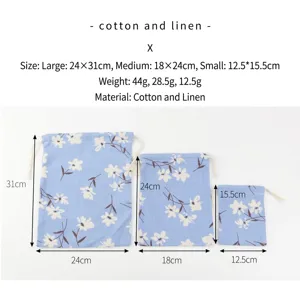 Cotton and linen floral drawstring storage bags in three sizes for travel