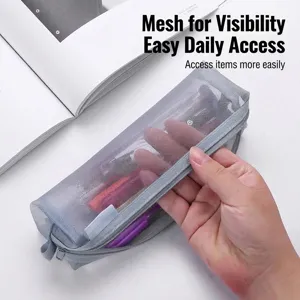 Large capacity grey mesh pencil case featuring a transparent see-through design for students
