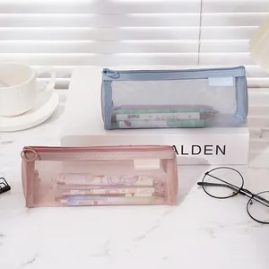 Two minimalist large capacity mesh pencil cases in blue and pink for school students