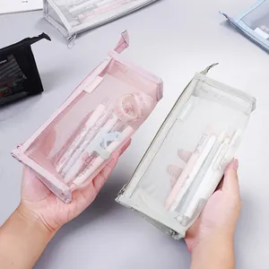 Large capacity nylon mesh pencil bags for students, shown in pink and light grey colors