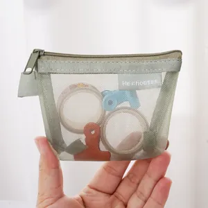 Translucent sage green nylon mesh coin purse for coins keys and earphones storage