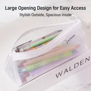 Minimalist white mesh triangular pencil case with large capacity and zipper closure