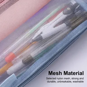 Large capacity transparent blue nylon mesh pencil case for student stationery storage
