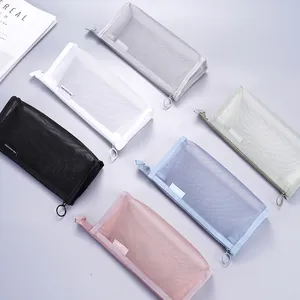 Large capacity nylon mesh pencil case stationery bag set in assorted pastel colors.