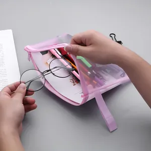 A5 minimalist pink transparent mesh file bag for school stationery and glasses storage
