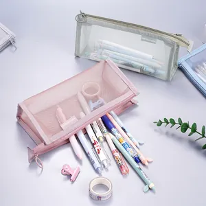 Minimalist large capacity nylon mesh pencil case for student stationery and cosmetic storage