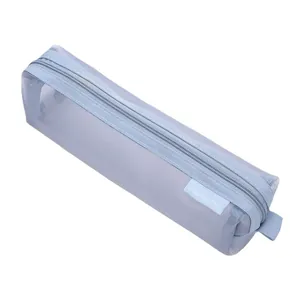 Minimalist large capacity light blue transparent mesh pencil case with zipper closure