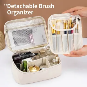 Beige large capacity cosmetic bag with detachable brush organizer and clear cover.