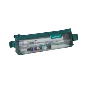 Vintage donkergroene mini driehoekige nylon mesh pennenzak voor studentenexamens en kantoor