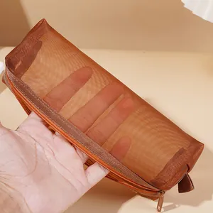 Brown mesh pencil case with large capacity visible mesh design