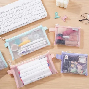 Minimalist large capacity transparent mesh storage bag for cosmetics and stationery