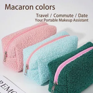 Fuzzy lamb wool cosmetic bag set in macaron colors for portable travel makeup storage