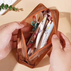 Retro brown mesh pencil case with large capacity transparent stationery storage bag