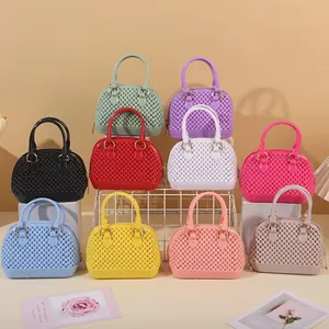 Women's Mini PVC Jelly Shell Bag Trendy Rhombus Pearl Texture Handbag Crossbody Bag With Gold Metal Chain Strap