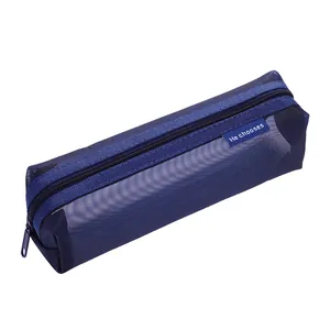 Large capacity blue mesh pencil case with minimalist transparent design and zipper