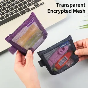 Portable nylon mesh coin pouch for cards and keys storage in purple and navy colors