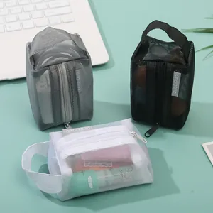 Portable nylon mesh storage pouches in three colors for organizing small items effectively