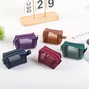 Set of portable mini square nylon mesh coin purses with zipper in five colors