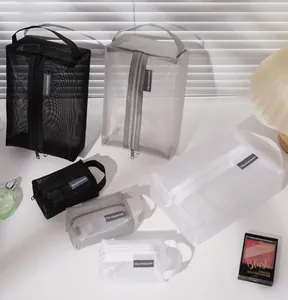 Set of portable nylon mesh storage bags in various sizes for travel toiletries and makeup items