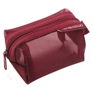 Compact wine red square mesh coin purse with zipper closure and dimensions 9.5x6cm