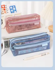 Dubbellaags transparant gaas etui in roze en blauw voor basisschool en middelbare school