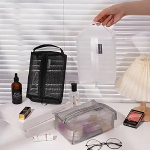 Portable Nylon Mesh Storage Bag For Women Travel Toiletry Makeup Bag Minimalist Transparent Cosmetic Pouch With Handle Zipper