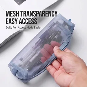 Minimalist large capacity gray mesh pencil case with transparent design for students