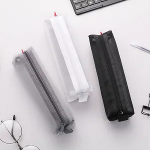 Set of minimalist 3D transparent mesh pencil cases in black, white, and grey colors