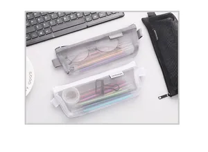 Detailed view of transparent mesh pencil cases showing various stationery items inside.