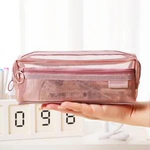 Grote roze dubbellaagse mesh etui voor schoolbenodigdheden en schrijfgerei opslag