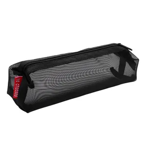 Minimalist black mesh pencil case with large capacity and zipper closure for students