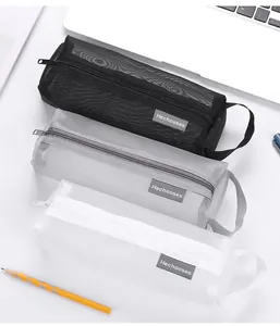 Detail view of three mesh pencil cases in black gray and white with handle strap