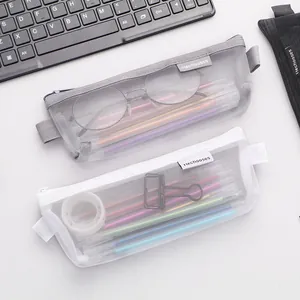 Minimalist Transparent Mesh Pencil Case Triangular Nylon Stationery Bag Large Capacity Zippered Makeup Pouch For Office School